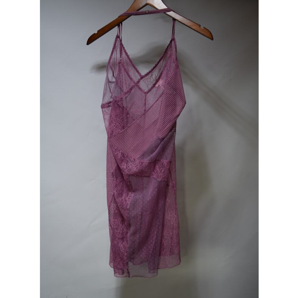 Victoria’s Secret Purple Lace Mesh Slip Dress Size M Halter Sheer Lingerie